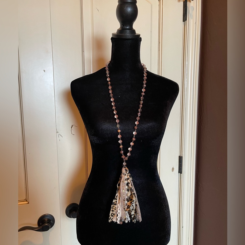 Statement tassel necklace rose gold beads 22 inches total length leopard
